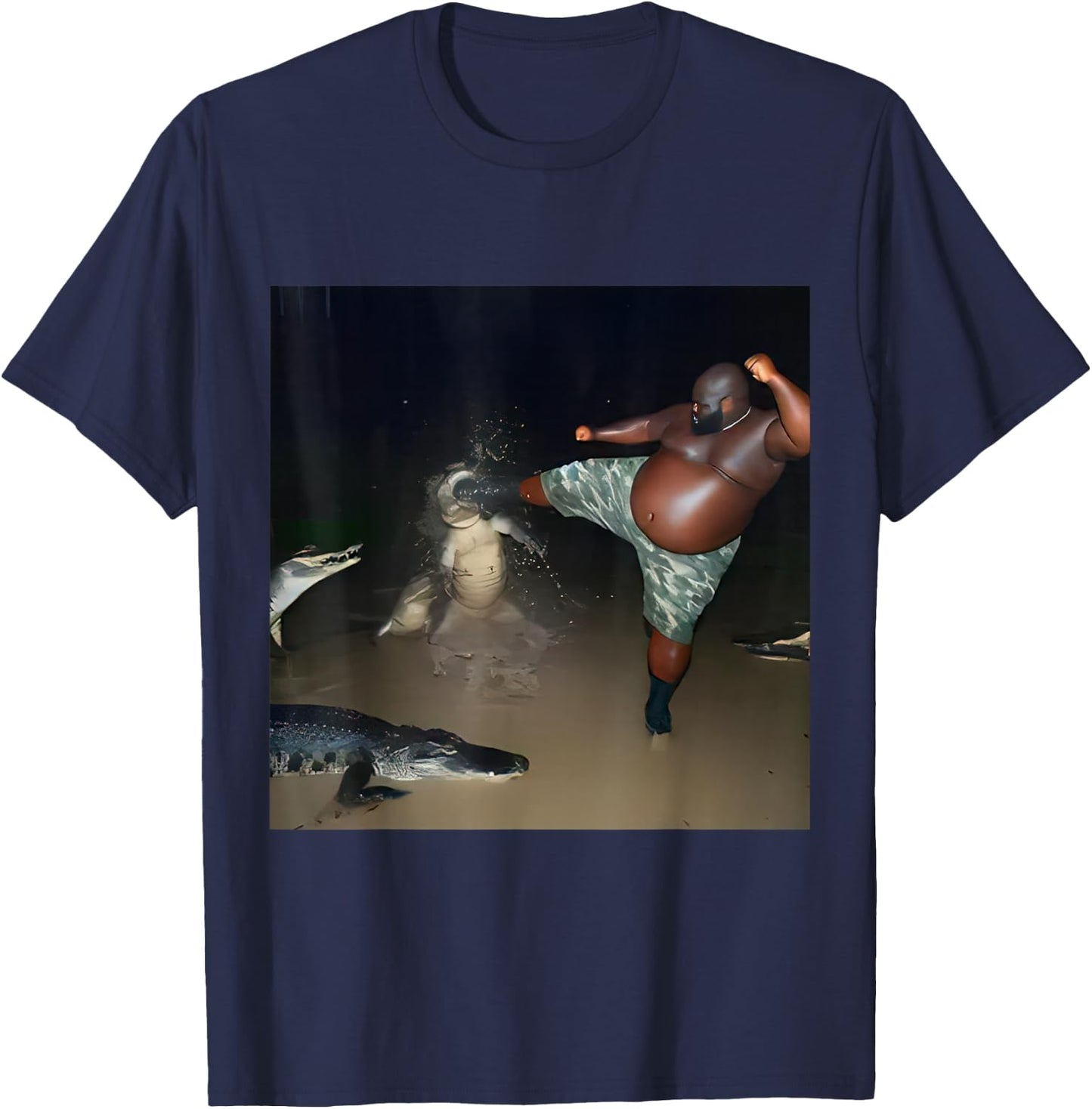 Man Kick Alligator in Swamp Funny Oddly Specific Meme T-Shirt - T-Shirt | Navy