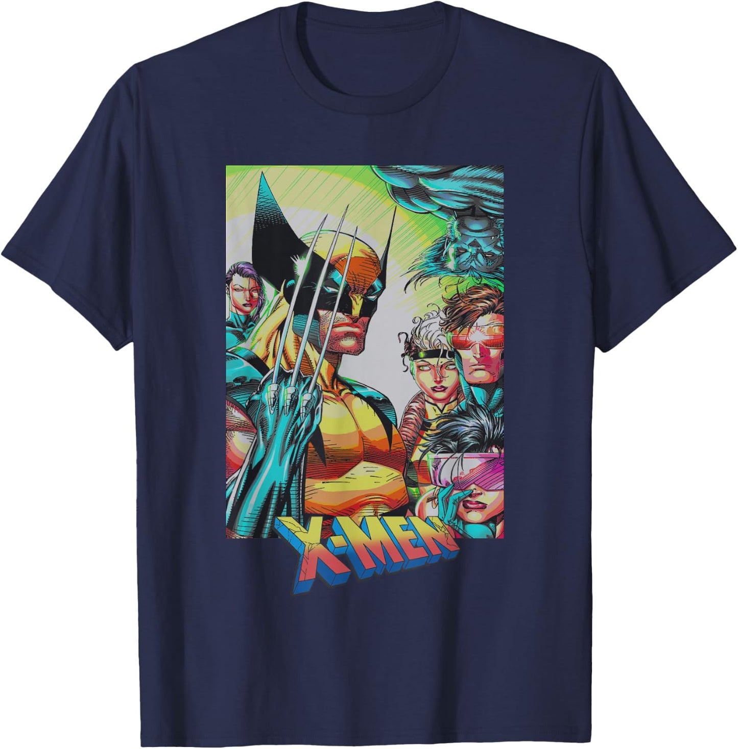Marvel X-Men Iconic Team 90's Style Group Shot Cover T-Shirt - T-Shirt | Navy
