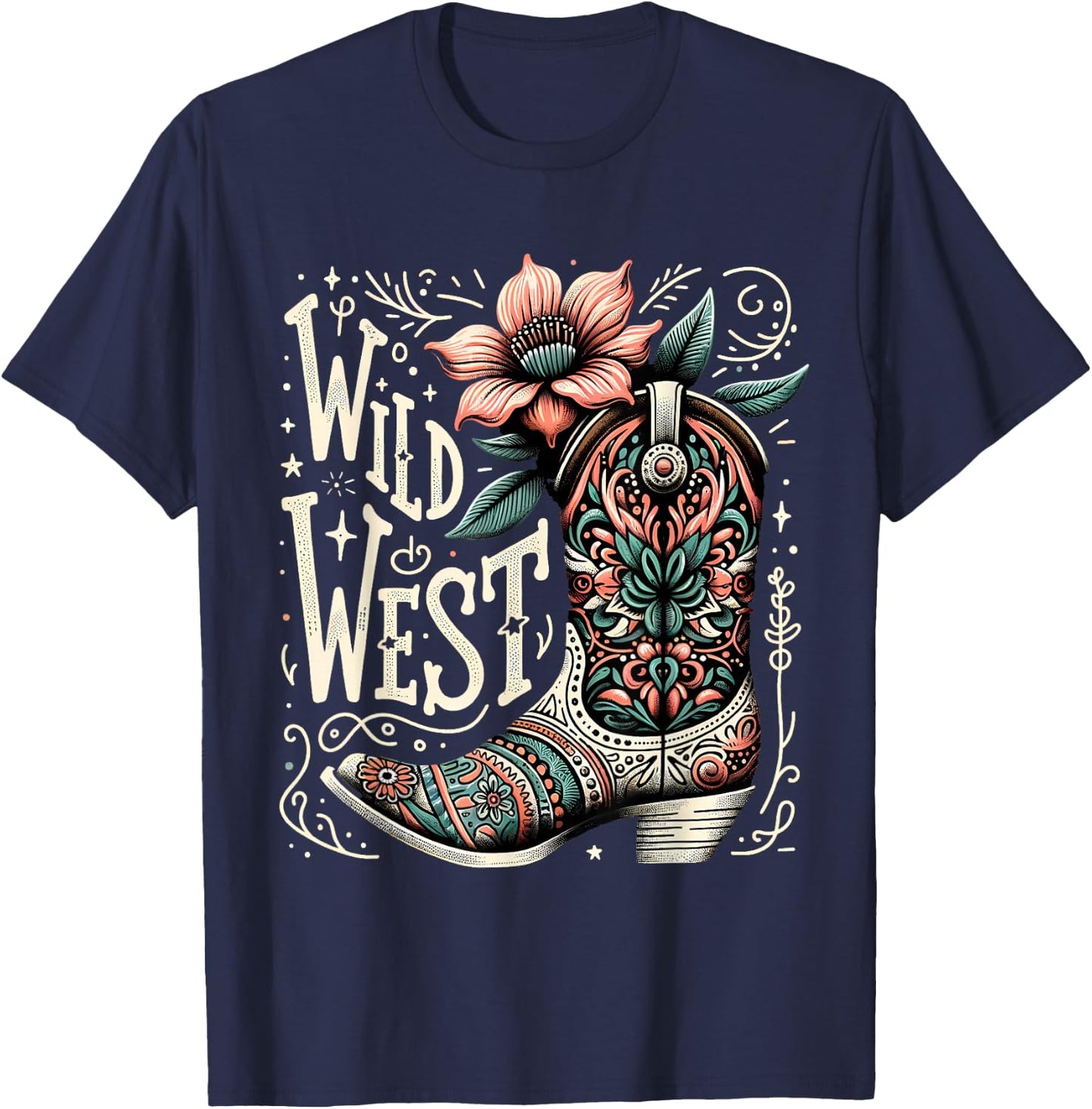 Wild West Country Music Vintage Cowgirl Boot Western Flower T-Shirt - T-Shirt | Navy
