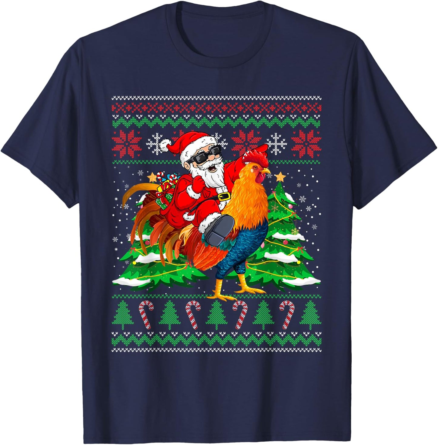 Santa With Rooster Christmas Tree Farmer Ugly Xmas Sweater T-Shirt - T-Shirt | Navy