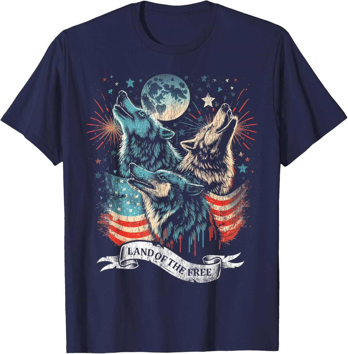 Wolf 4th of July American Flag Howling America Moon Funny Kids Men T-Shirt - T-Shirt | Navy