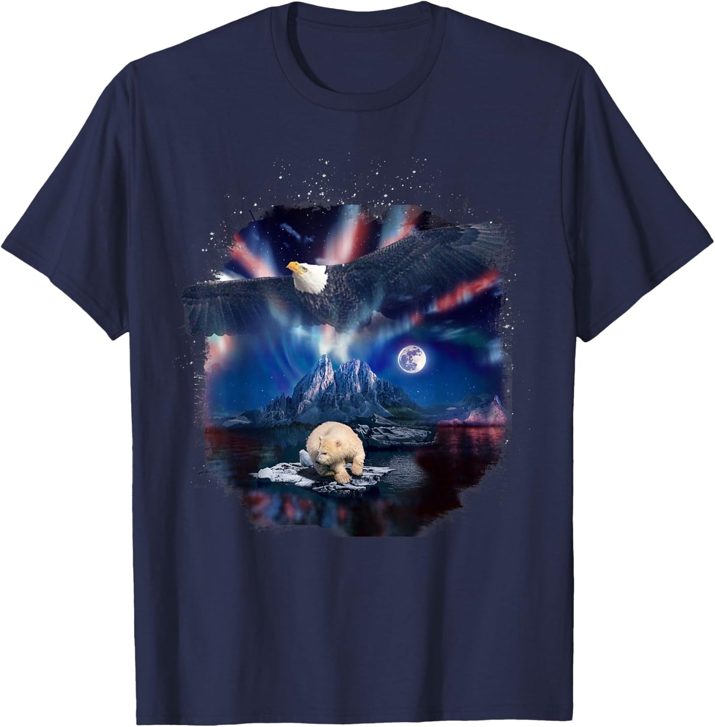 Polar Bear and Northern Eagle, Lights and Wildlife American T-Shirt - T-Shirt | Navy