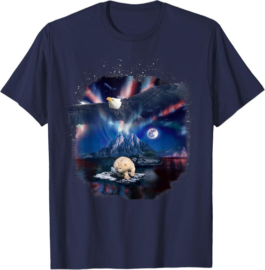 Polar Bear and Northern Eagle, Lights and Wildlife American T-Shirt - T-Shirt | Navy