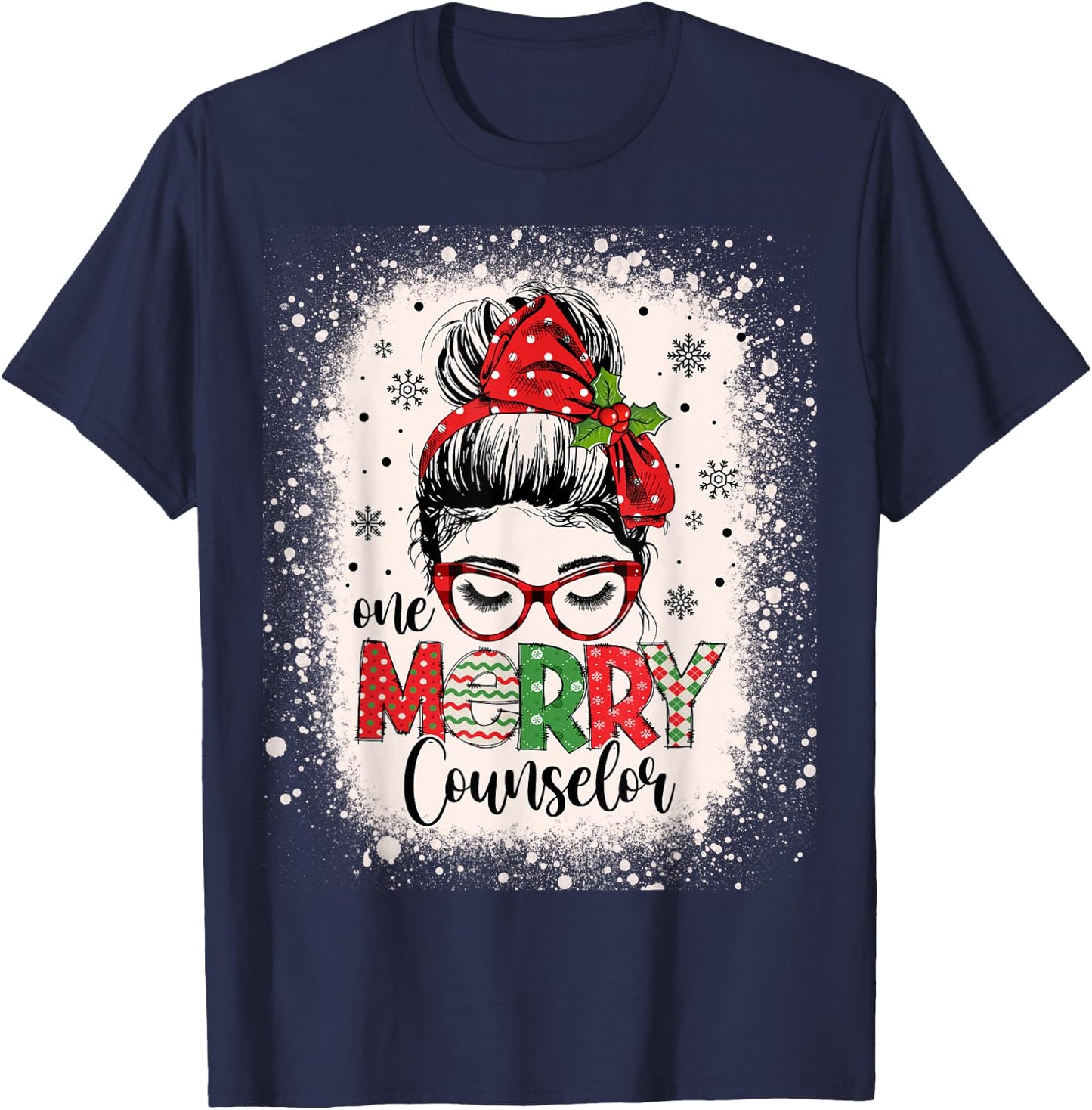 One Merry Counselor Messy Bun Christmas Counseling T-Shirt - T-Shirt | Navy