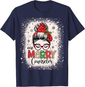 One Merry Counselor Messy Bun Christmas Counseling T-Shirt - T-Shirt | Navy