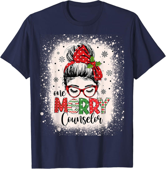 One Merry Counselor Messy Bun Christmas Counseling T-Shirt - T-Shirt | Navy