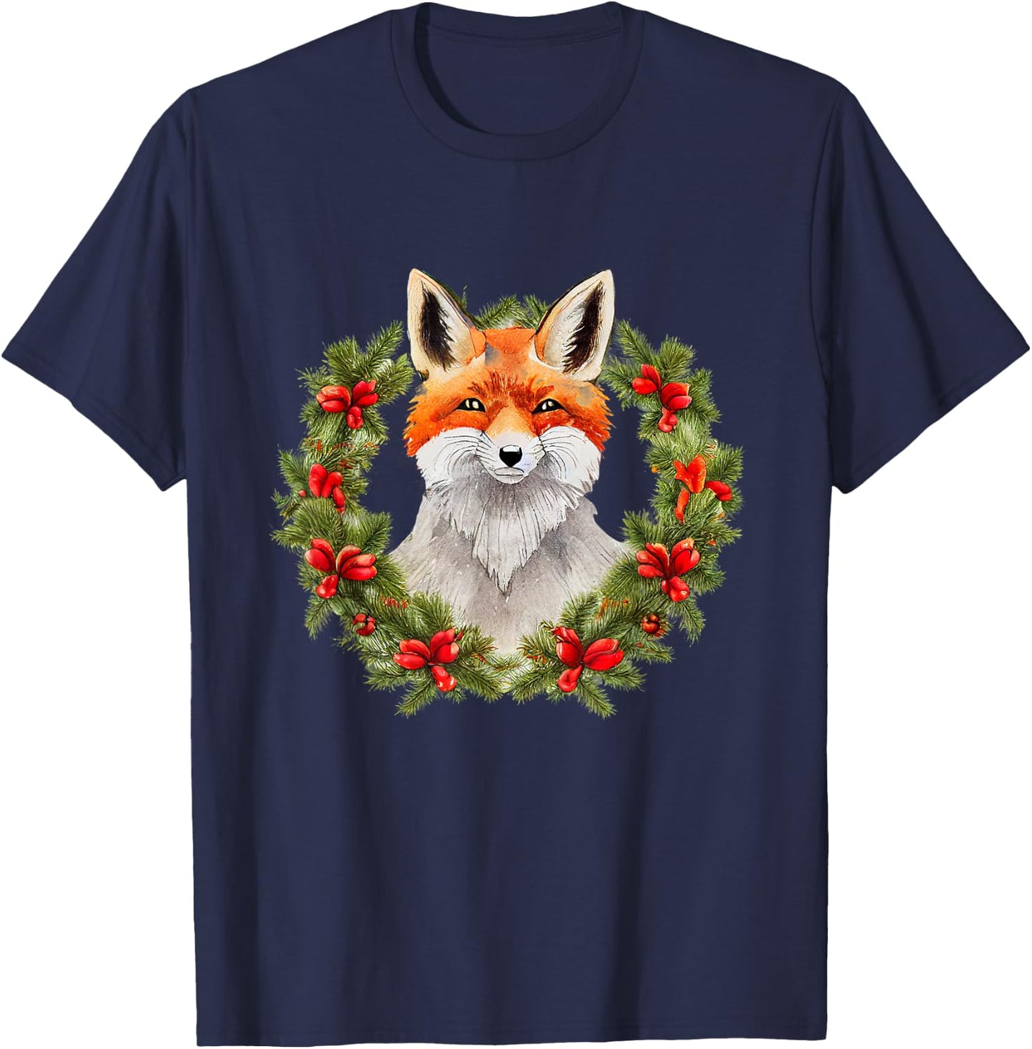 Merry xmas santa claus christmas wreath fox T-Shirt - T-Shirt | Navy