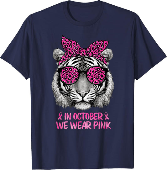 Tiger In October We Wear Pink Breast Cancer Awareness T-Shirt - T-Shirt | Navy