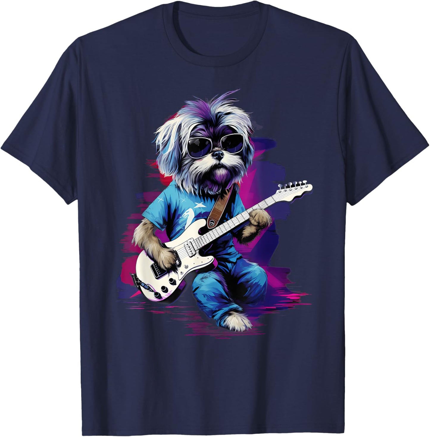 Punk Rock Guitar Shih Tzu Dog Guitarist Men Women Kids T-Shirt - T-Shirt | Navy