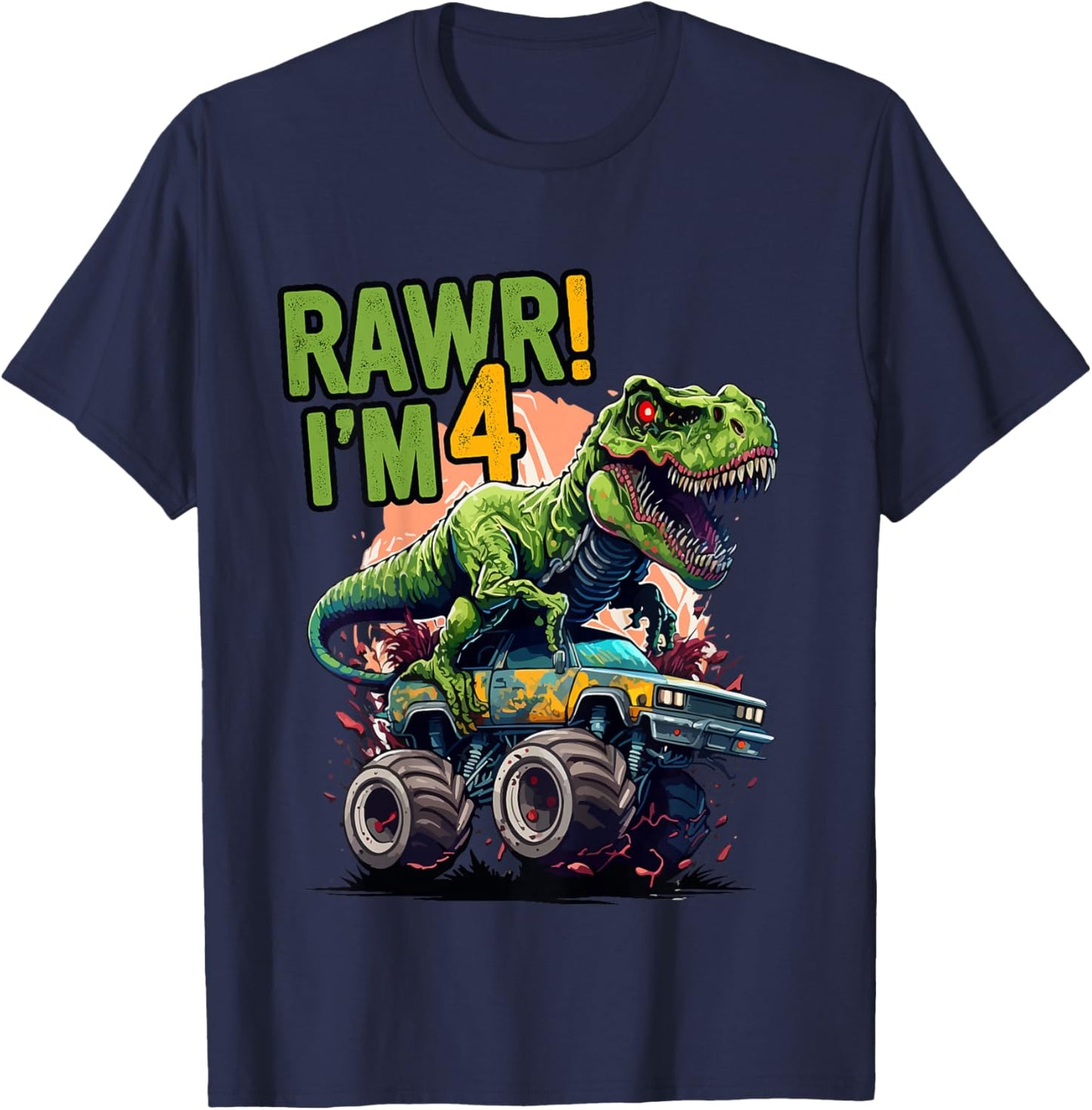Kids Rawr I'm 4 T Rex 4th birthday Boys Dinosaur Monster Truck T-Shirt - T-Shirt | Navy