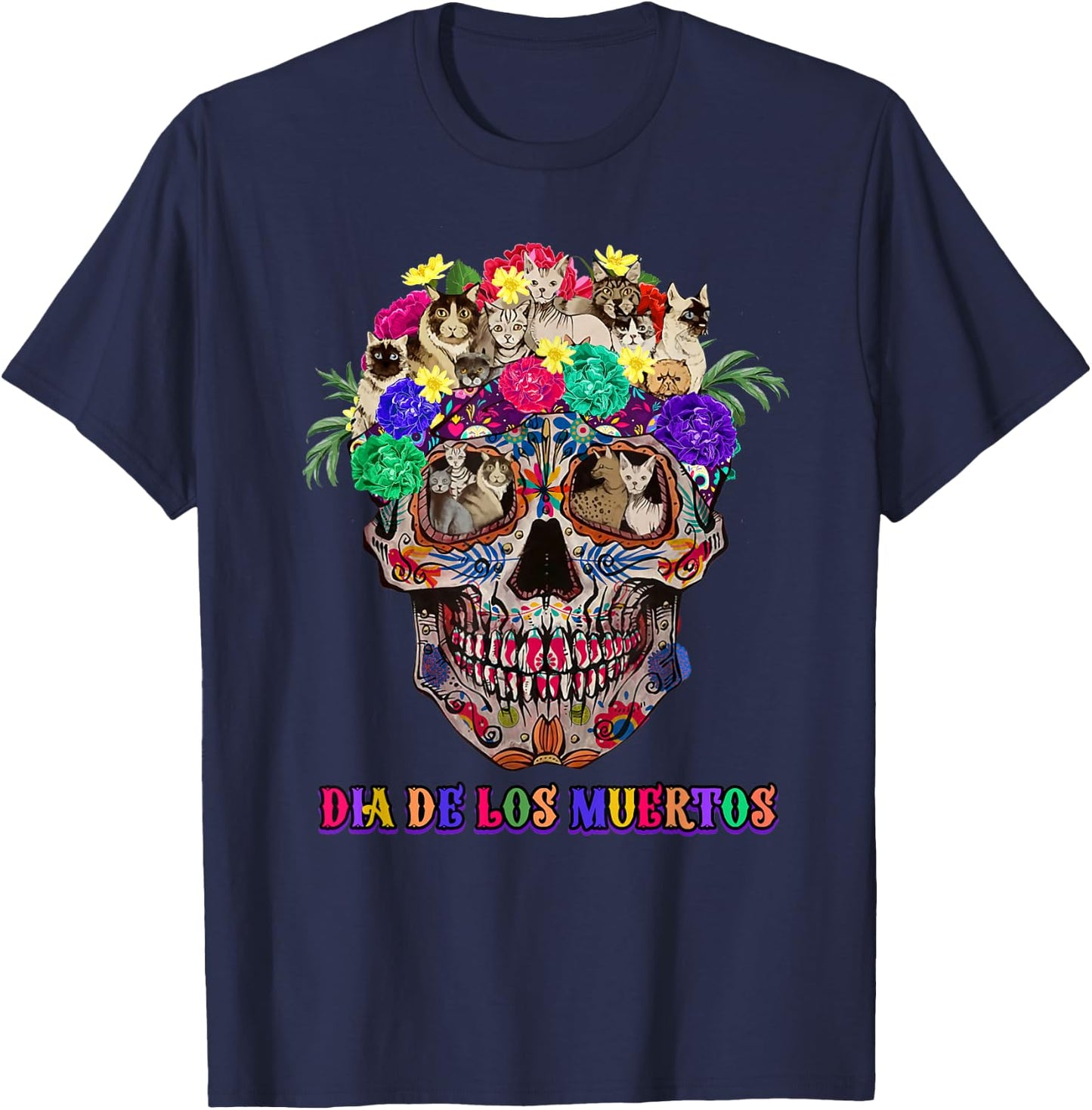 Dia De Los Muertos day of the-dead cat sugar skull T-Shirt - T-Shirt | Navy