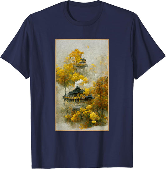Forest Of Yellow Leaves With Penglai Pavilion In Trees T-Shirt - T-Shirt | Navy