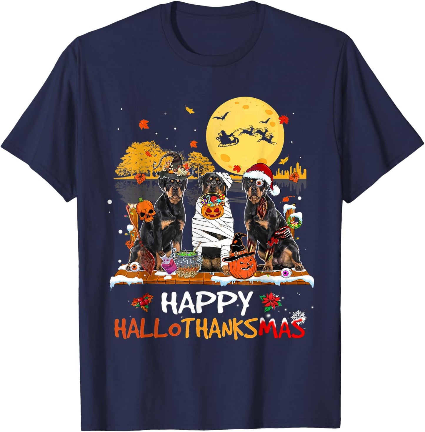 Rottweiler Happy Hallothanksmas Halloween Thanksgiving Xmas T-Shirt - T-Shirt | Navy