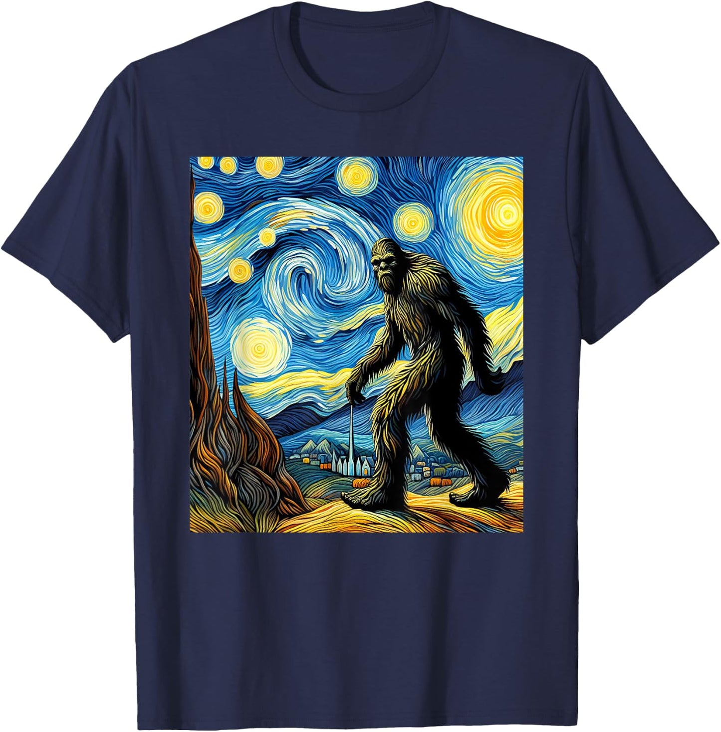 Funny Bigfoot Starry Night Sasquatch Van Gogh Sky Painting T-Shirt - T-Shirt | Navy