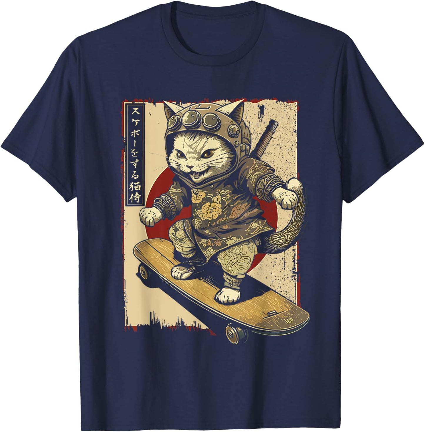 Japanese Skateboard Samurai Cat Tattoo Kawaii Ninja Cat Women T-Shirt - T-Shirt | Navy