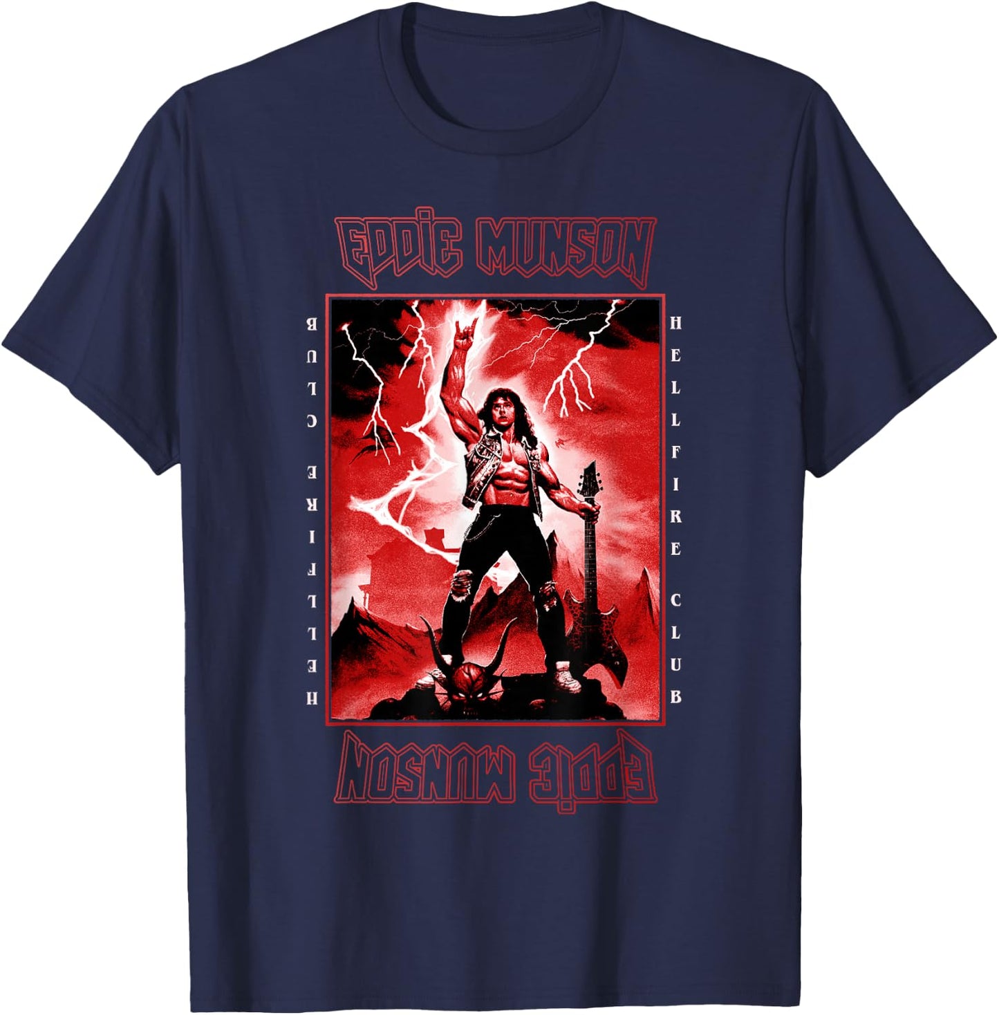 Stranger Things 4 Eddie Munson Lightning Guitar Power T-Shirt - T-Shirt | Navy