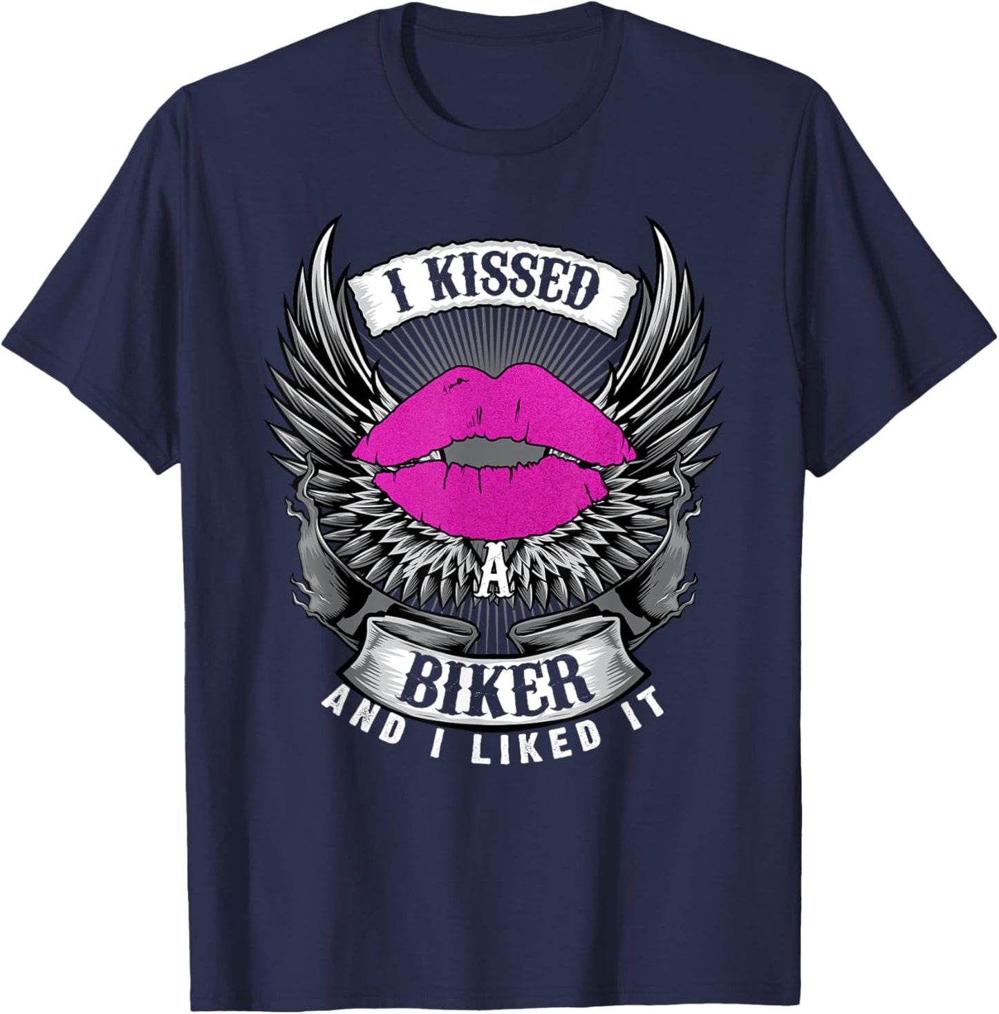 Motorcycling I Kissed A Biker And I Liked It Funny Girl Lip T-Shirt - T-Shirt | Navy