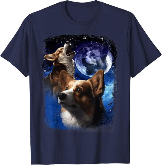 Three Corgis Howling at Moon Corgi Vintage Wolves meme T-Shirt - T-Shirt | Navy