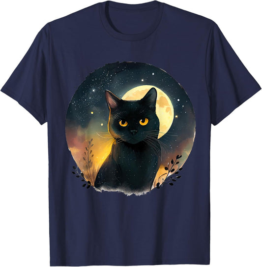 Cool Art Graphic Black Cat with Moon T-Shirt - T-Shirt | Navy