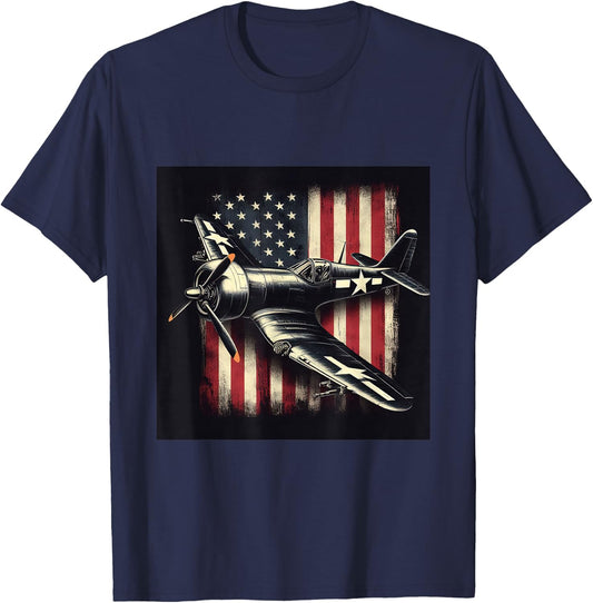 WW2 Warplane F4U Corsair Distressed American Flag Vintage T-Shirt - T-Shirt | Navy