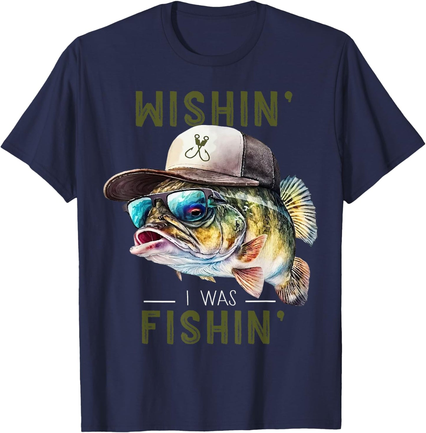 Wishin' Fishing Gift - Adults & Kids - Black - Short Sleeve - Fishing - Casual - - Size Small T-Shirt - T-Shirt | Navy