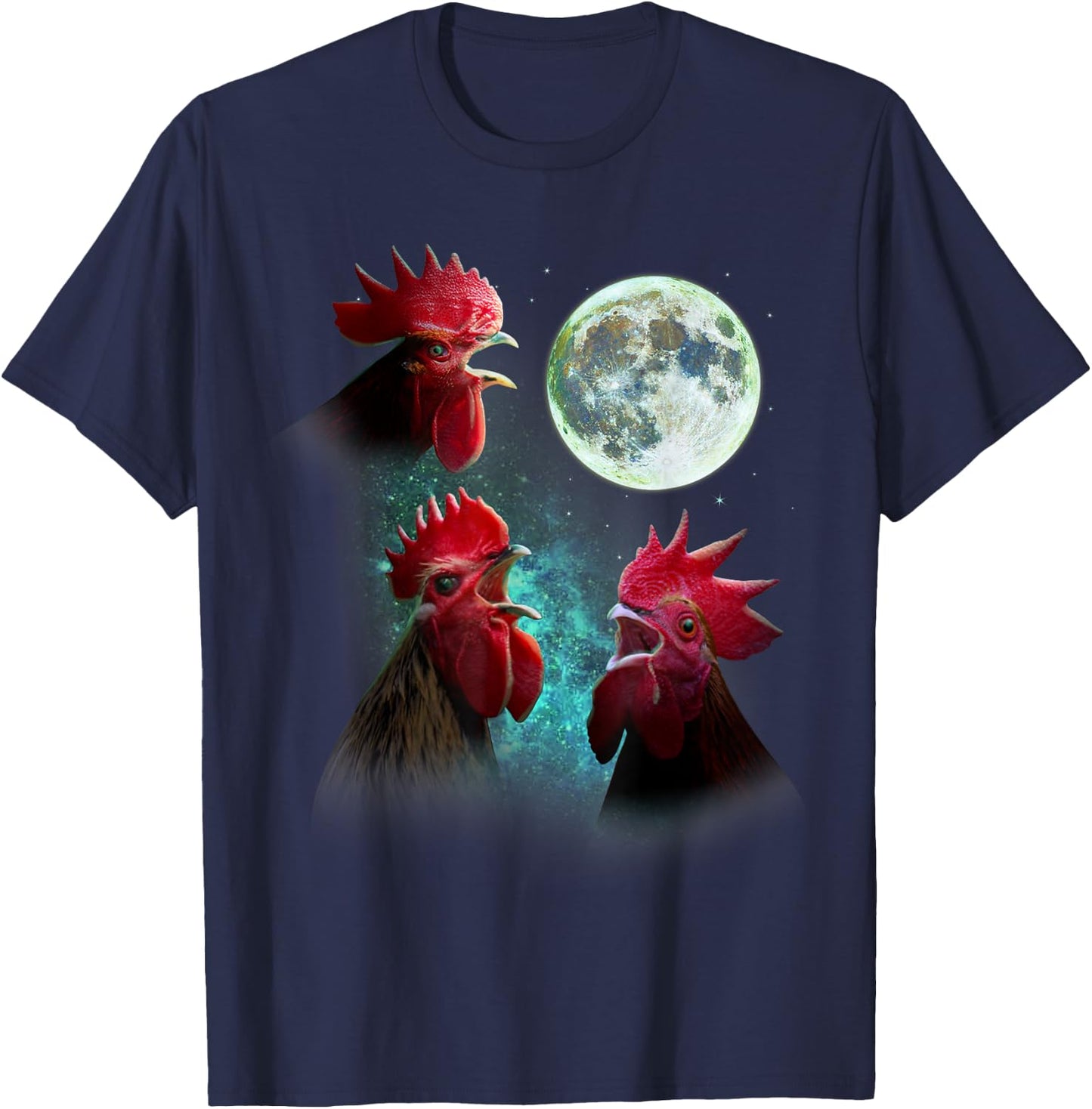 Three Rooster Chickens Howl At Moon 3 Wolfs Wolves Parody T-Shirt - T-Shirt | Navy