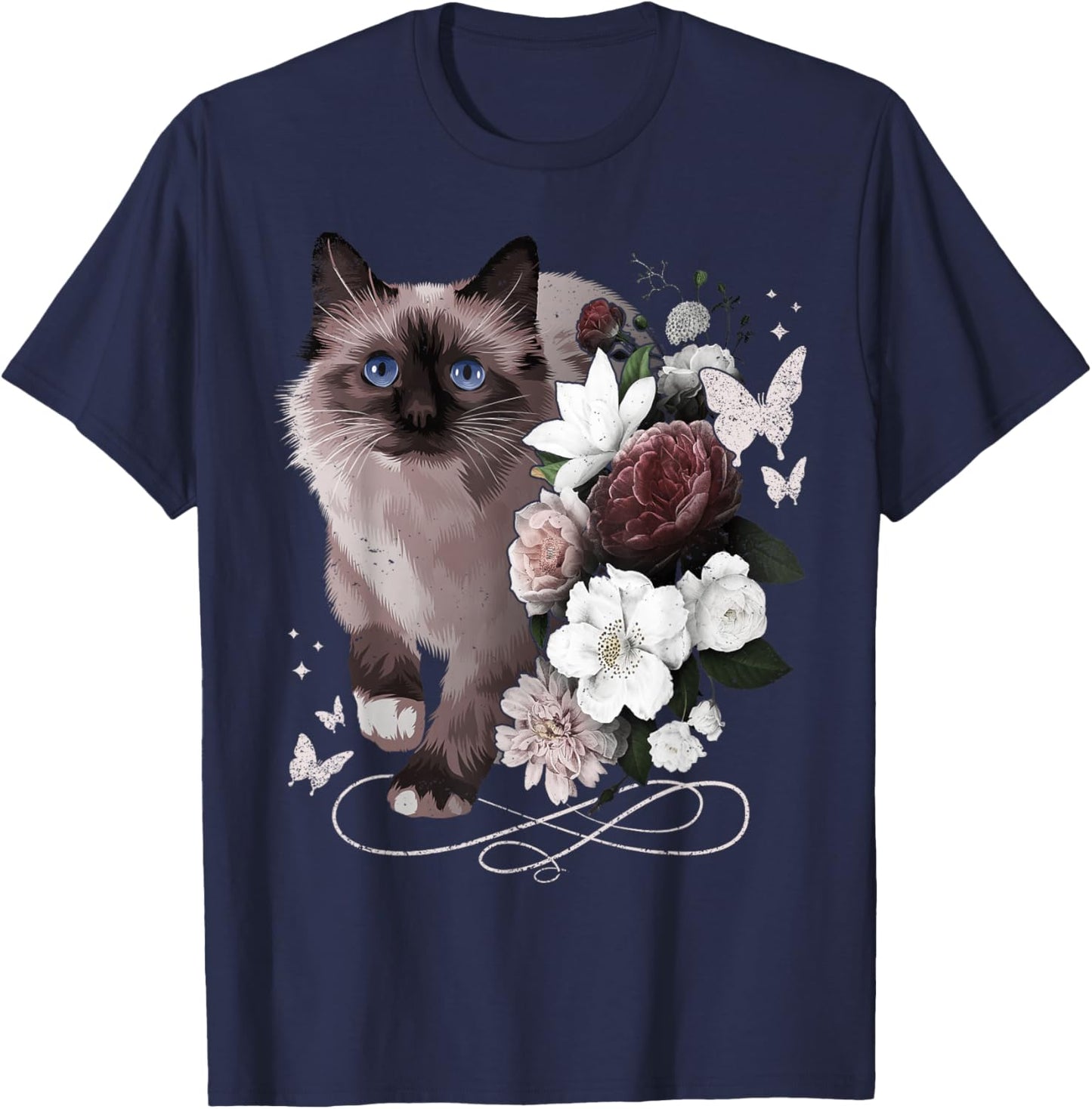 Siamese Cat with Flowers Vintage Look Floral Siamese Cat T-Shirt - T-Shirt | Navy