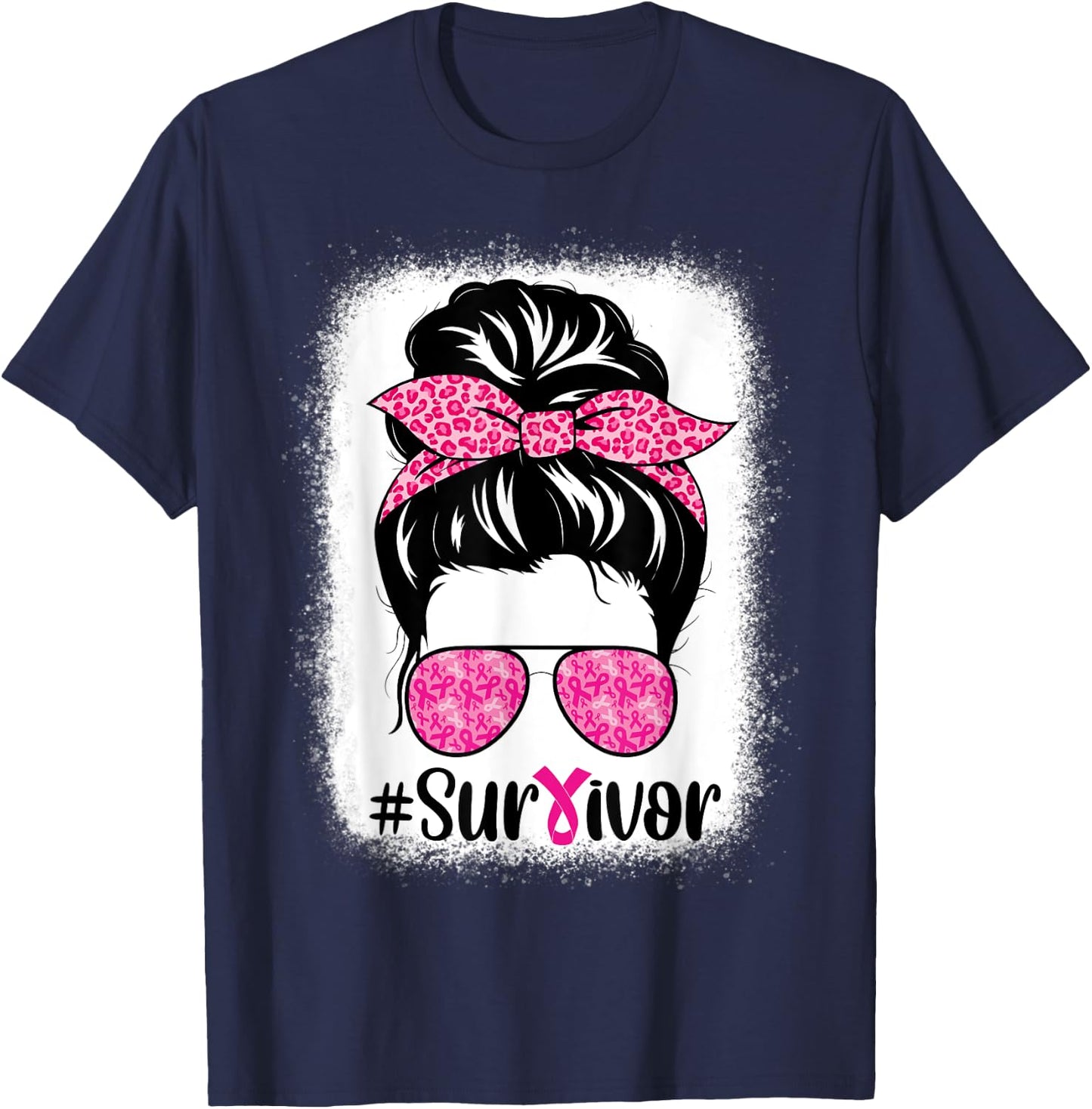 Survivor Breast Cancer Awareness Messy Bun Hair Bleached T-Shirt - T-Shirt | Navy