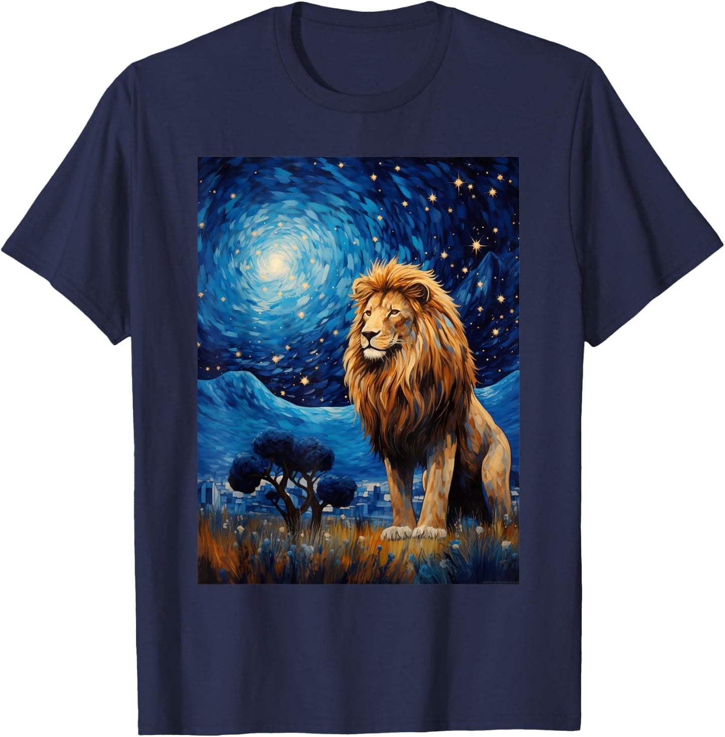 Lion Starry Night Van Gogh Style Graphic T-Shirt - T-Shirt | Navy