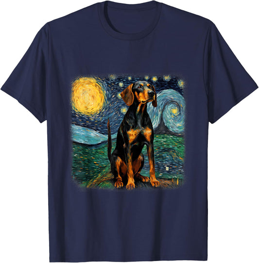 Dog in starry night van gogh Black and Tan Coonhound T-Shirt - T-Shirt | Navy