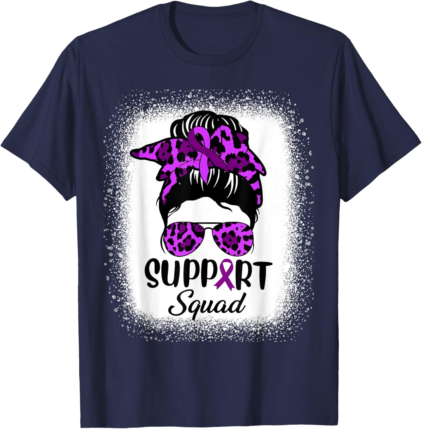 Support Pancreatic Cancer Awareness Messy Bun Ribbon Purple T-Shirt - T-Shirt | Navy