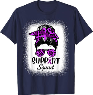 Support Pancreatic Cancer Awareness Messy Bun Ribbon Purple T-Shirt - T-Shirt | Navy
