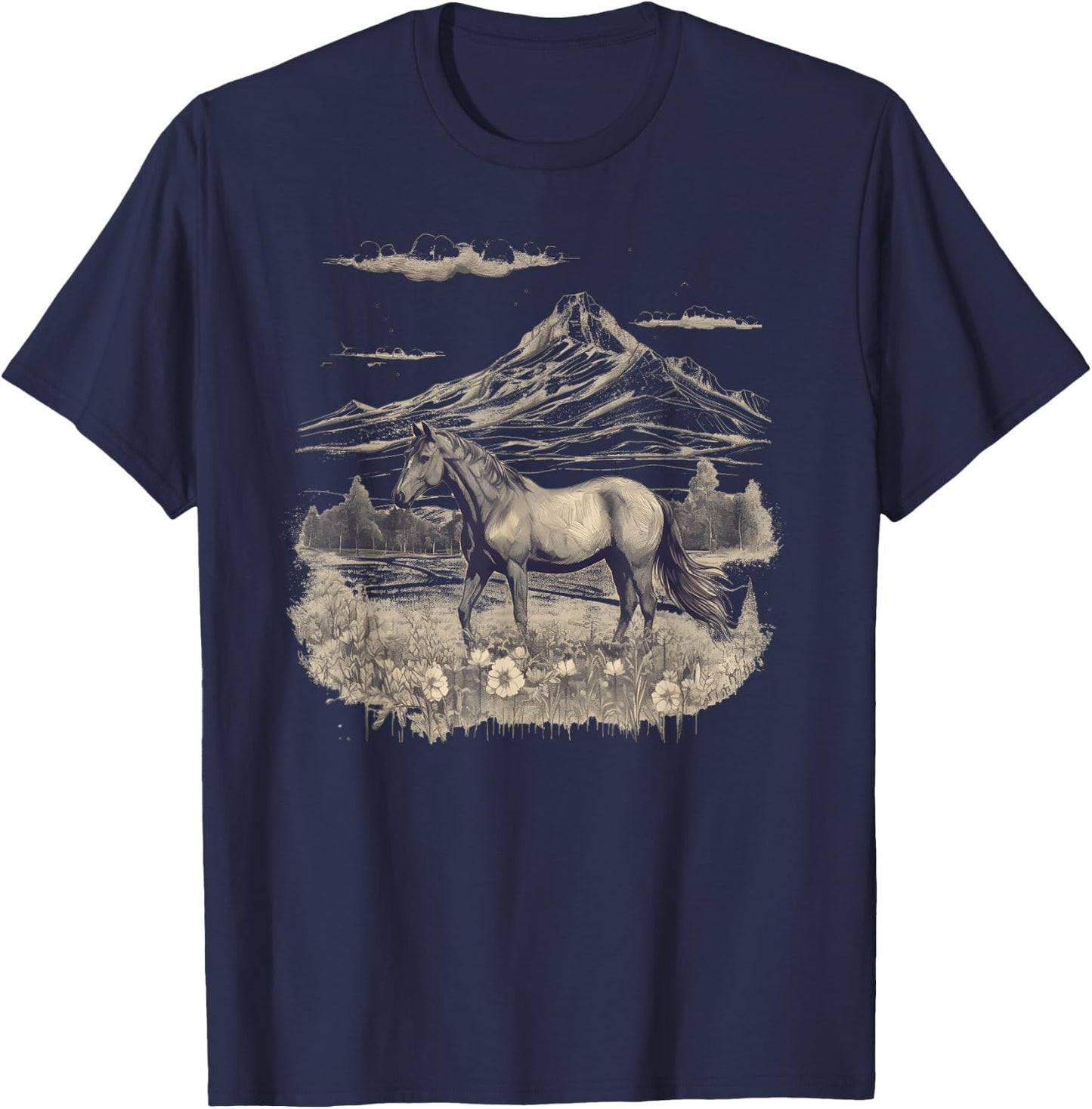 Horse Lover Gifts Women Teen Girls Wild Horse Art Portrait Black Small T-Shirt - T-Shirt | Navy