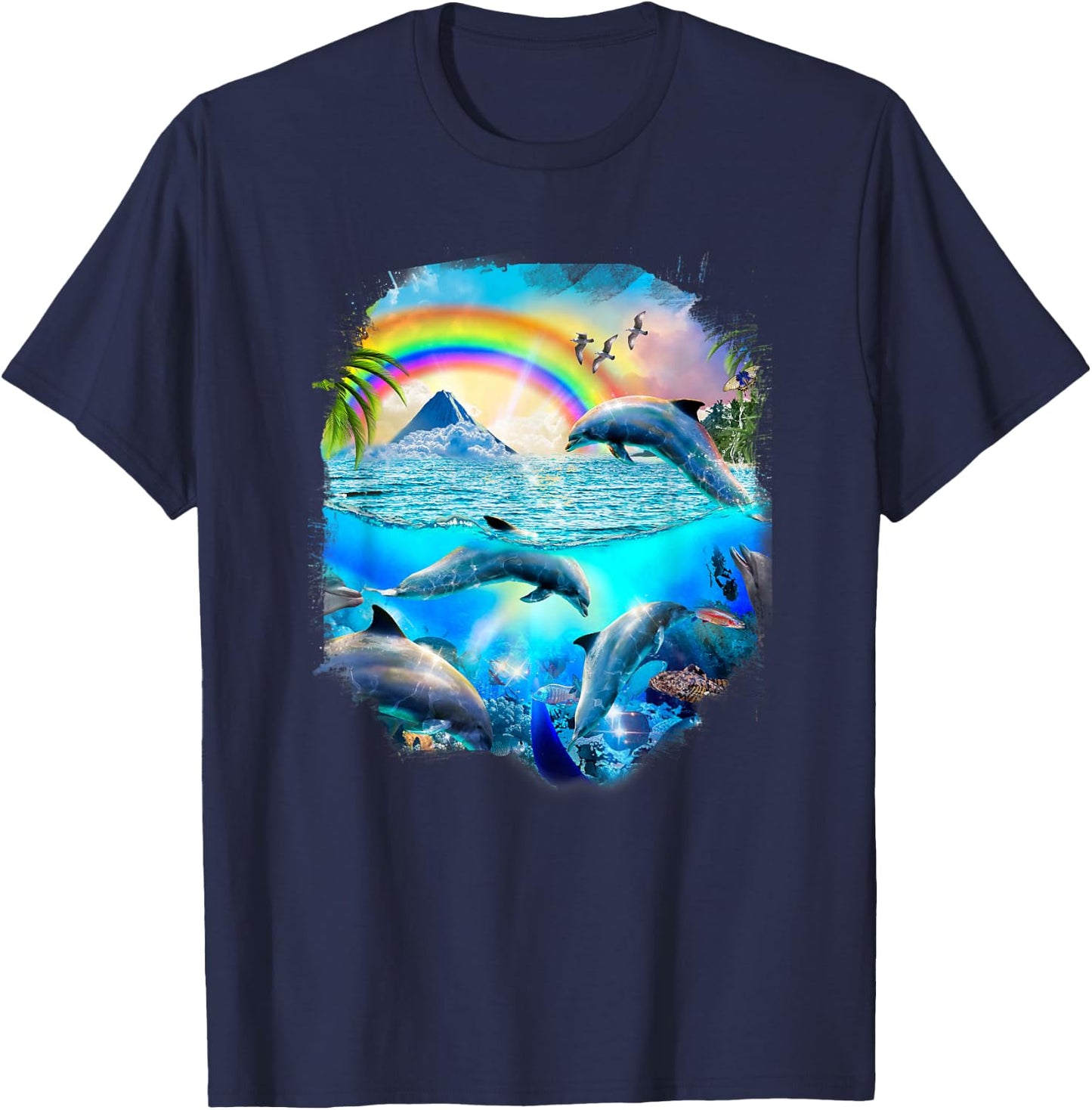 Rainbow Dolphin Tropical Ocean Dolphins T-Shirt - T-Shirt | Navy