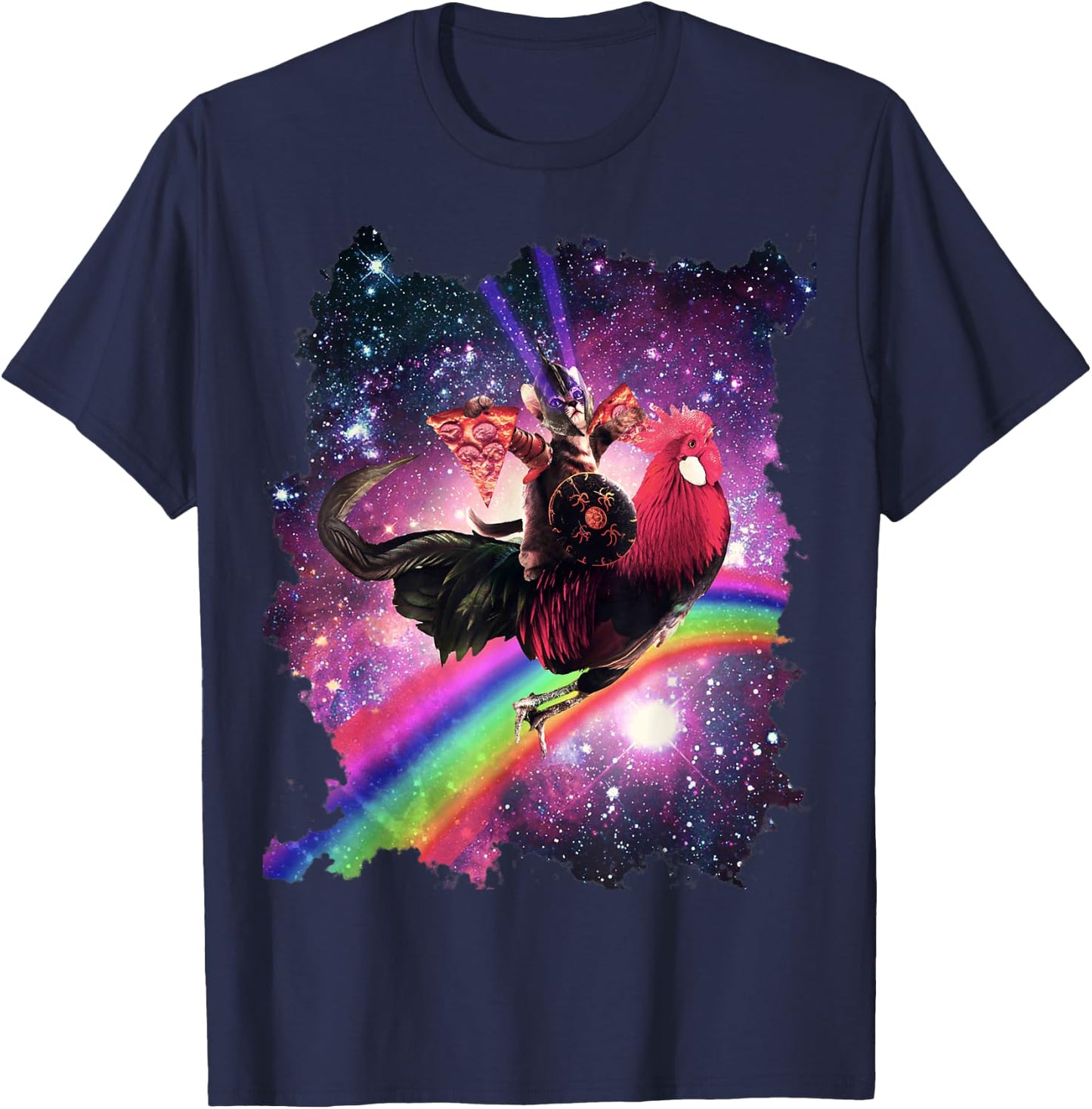 Lazer Warrior Space Cat Riding Chicken with Pizza T-Shirt - T-Shirt | Navy