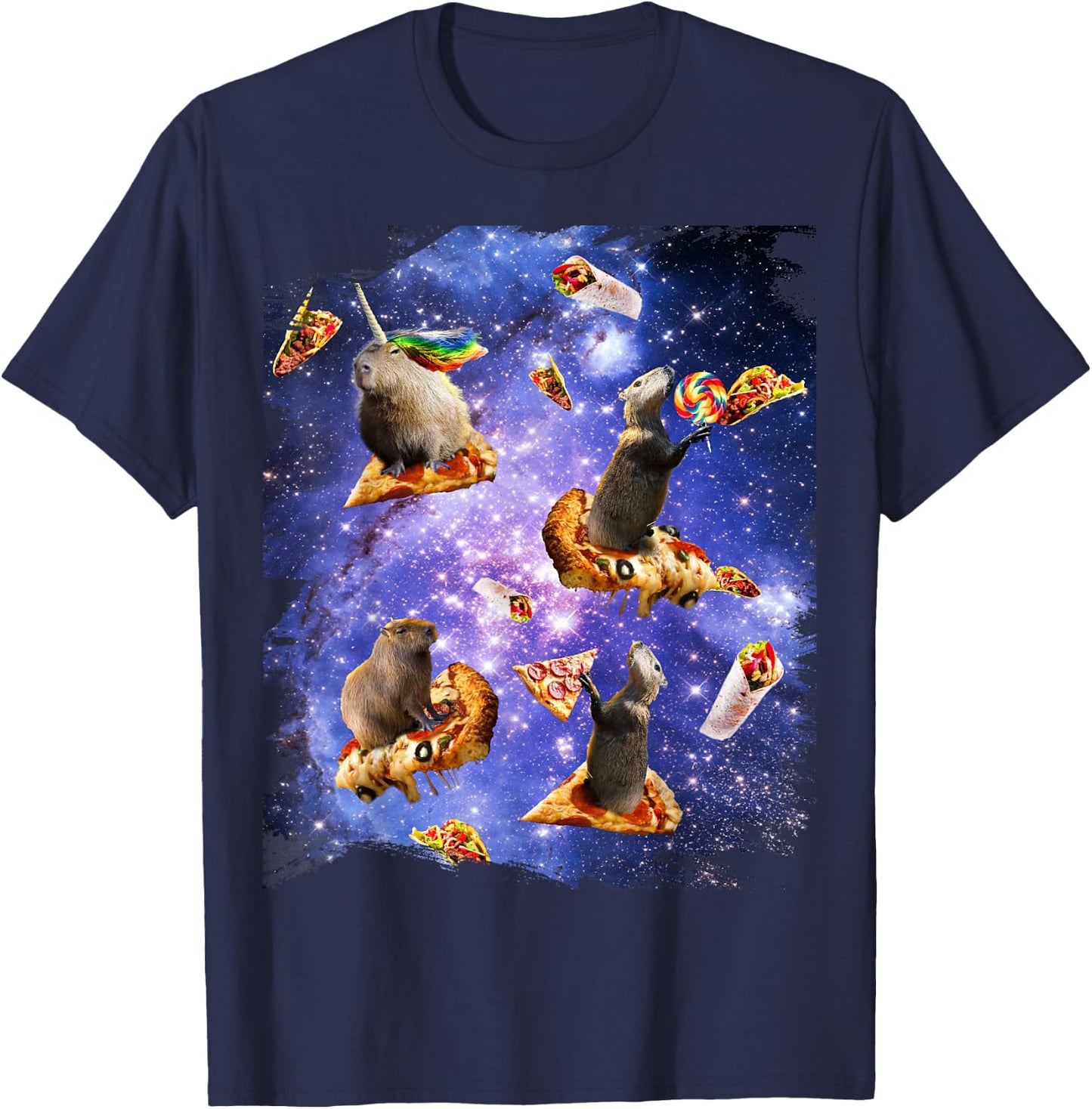 Space Capybara On Pizza Taco, Galaxy Capybaras Funny T-Shirt - T-Shirt | Navy
