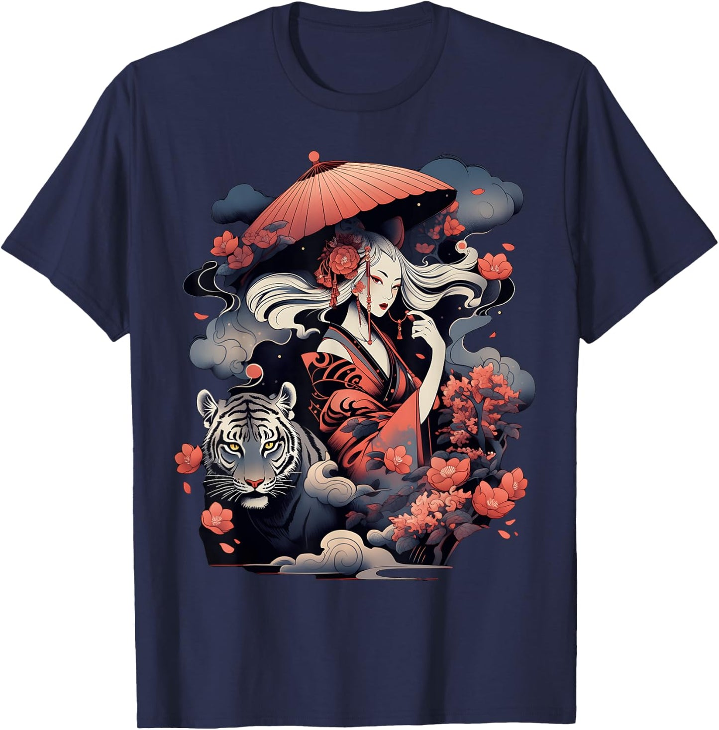 Step Up Your Style Game with This Vibrant Geisha and Tiger T-Shirt - T-Shirt | Navy