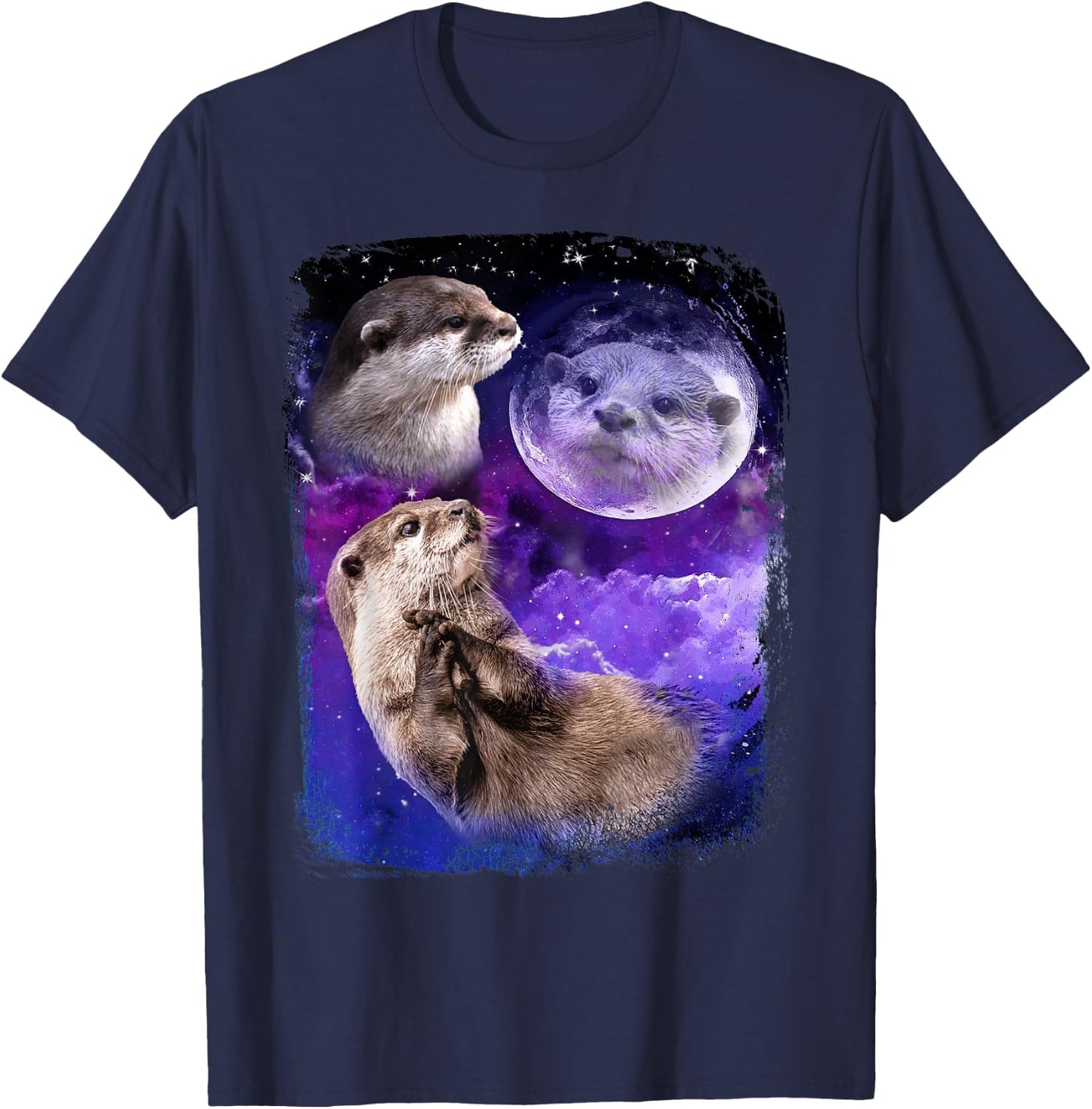 Funny Otter Lover Moon 3 Cute Otters Animals Meme Vintage T-Shirt - T-Shirt | Navy