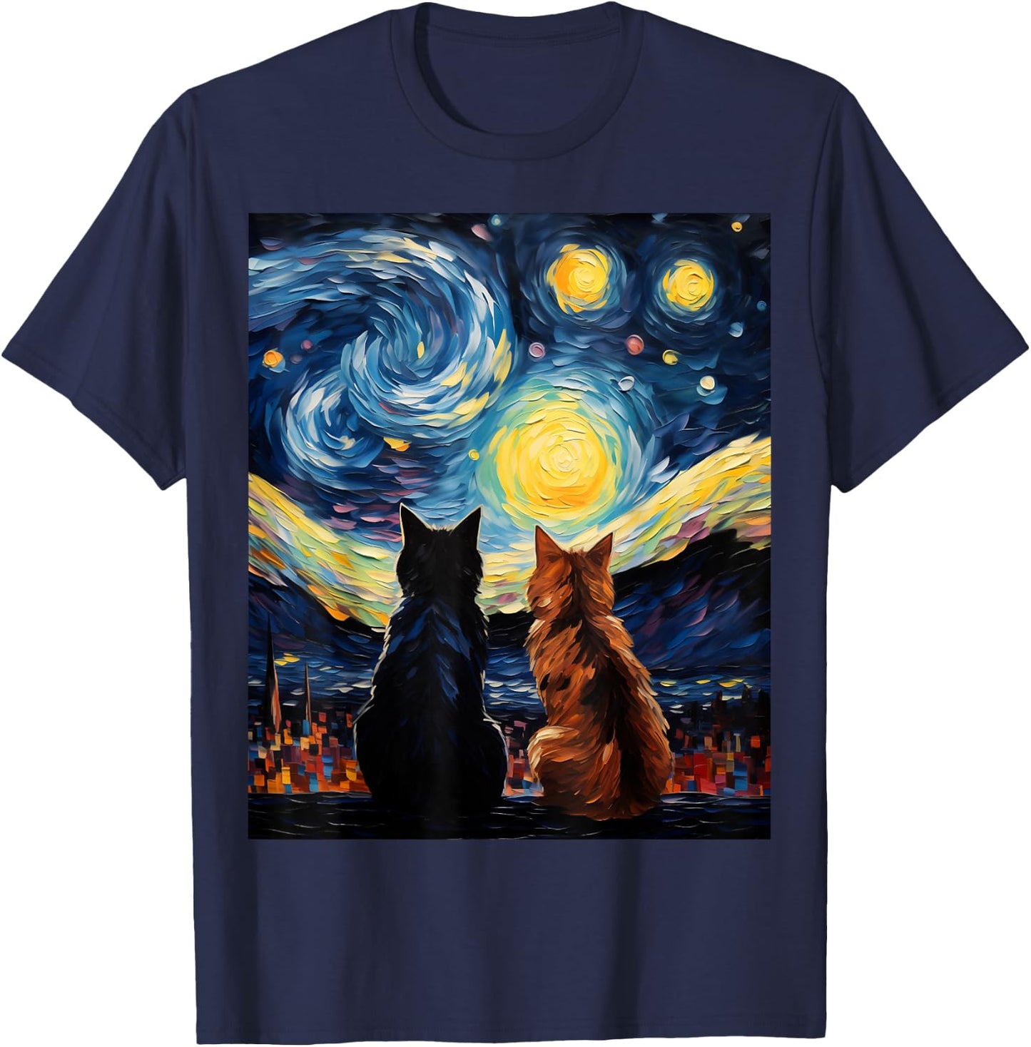 Funny Couples Cats Lover Starry Night Vincent van Gogh Cat Women Girls Kids T-Shirt - T-Shirt | Navy