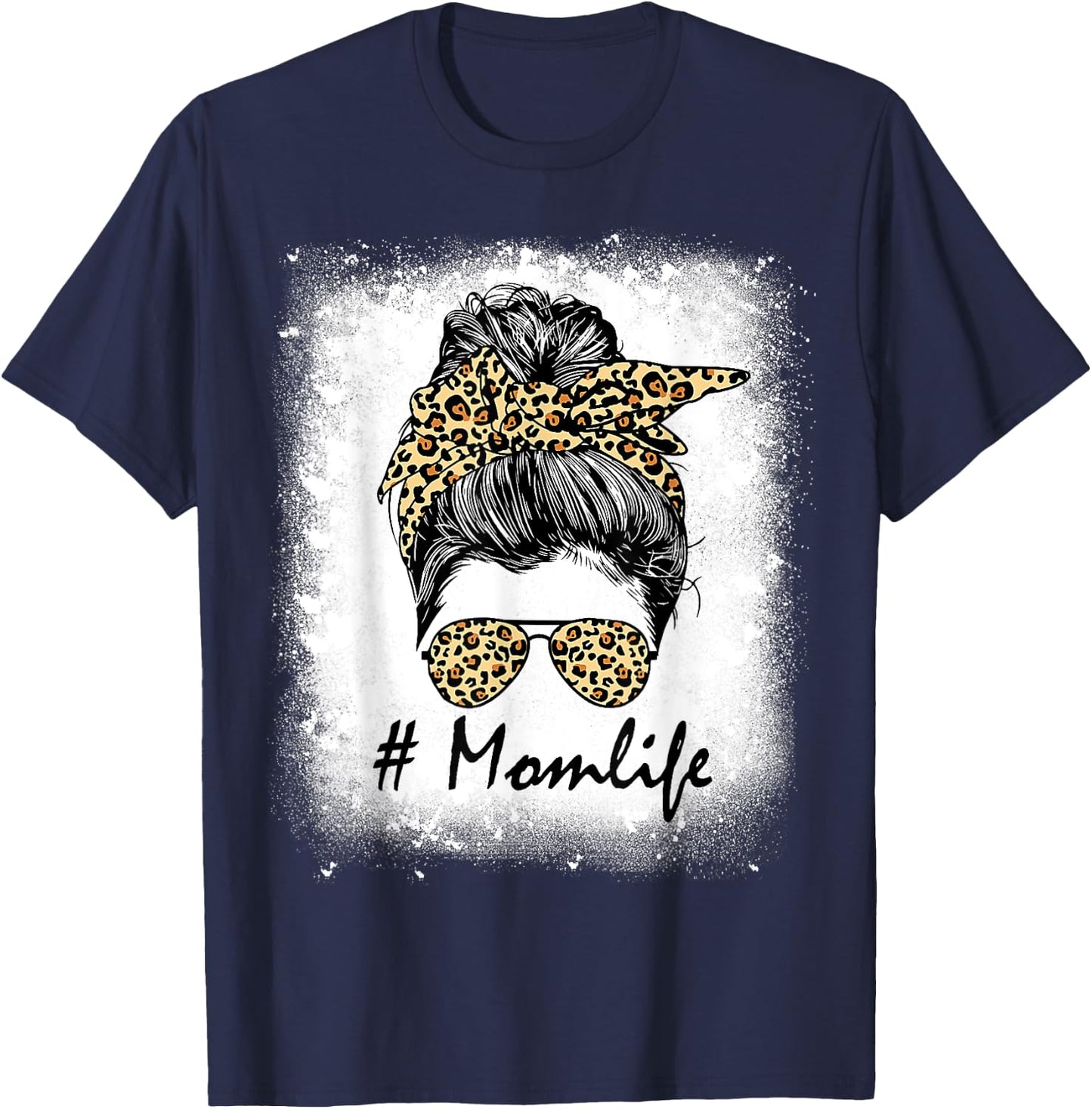 Mom Life Bleached Shirt Mom Life Leopard Messy Bun T-Shirt - T-Shirt | Navy