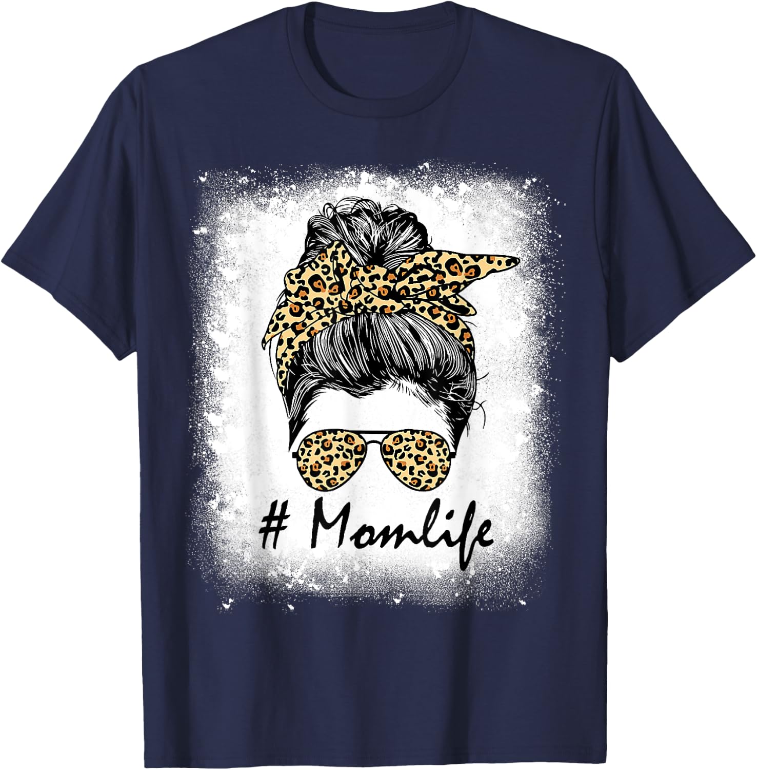 Mom Life Bleached Shirt Mom Life Leopard Messy Bun T-Shirt - T-Shirt | Navy