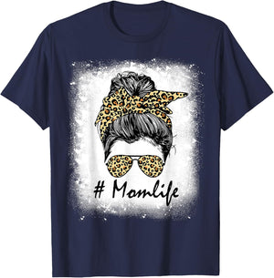 Mom Life Bleached Shirt Mom Life Leopard Messy Bun T-Shirt - T-Shirt | Navy