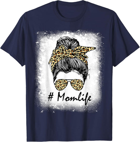 Mom Life Bleached Shirt Mom Life Leopard Messy Bun T-Shirt - T-Shirt | Navy