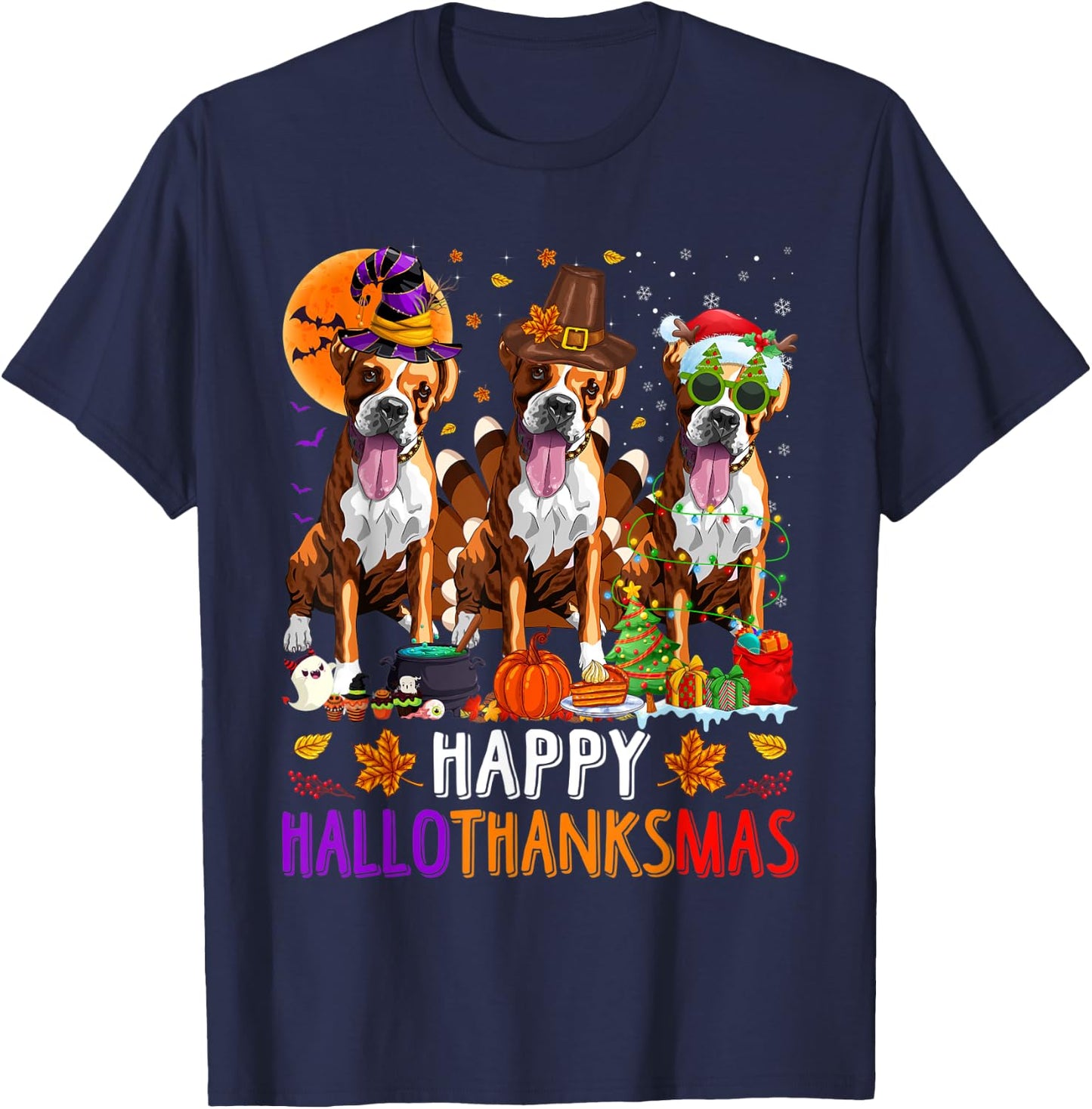 Happy Hallothanksmas Boxer Dog Halloween Christmas T-Shirt - T-Shirt | Navy