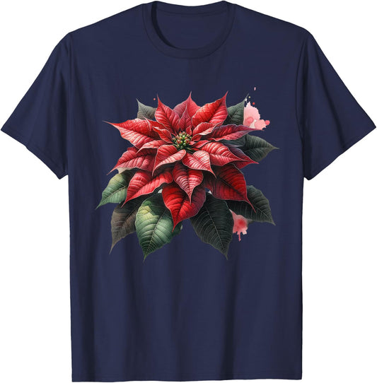 Poinsettia Watercolor Flower Holiday Christmas Graphics T-Shirt - T-Shirt | Navy