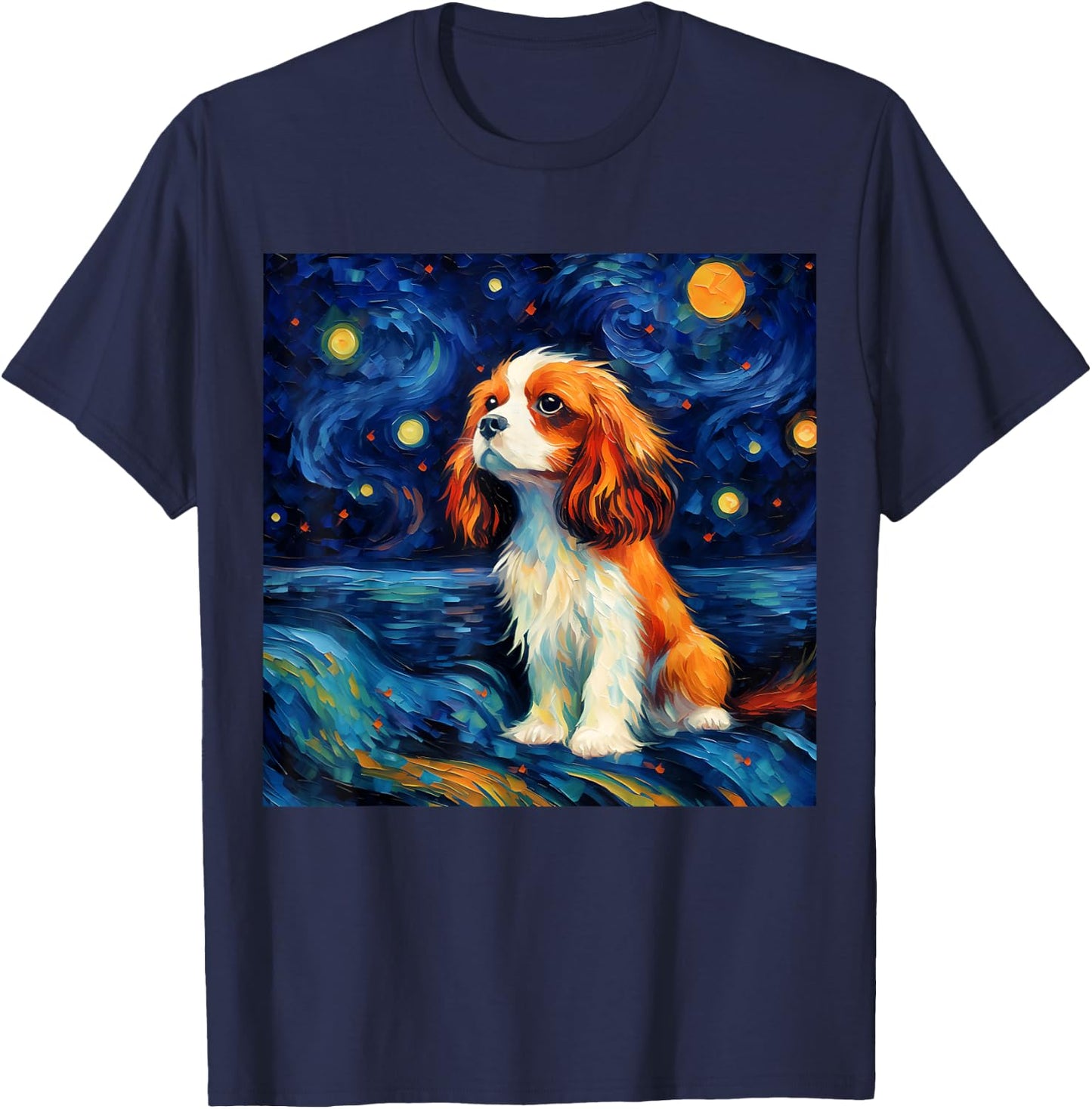 Surreal Starry Night Cavalier King Charles Spaniel Dog T-Shirt - T-Shirt | Navy