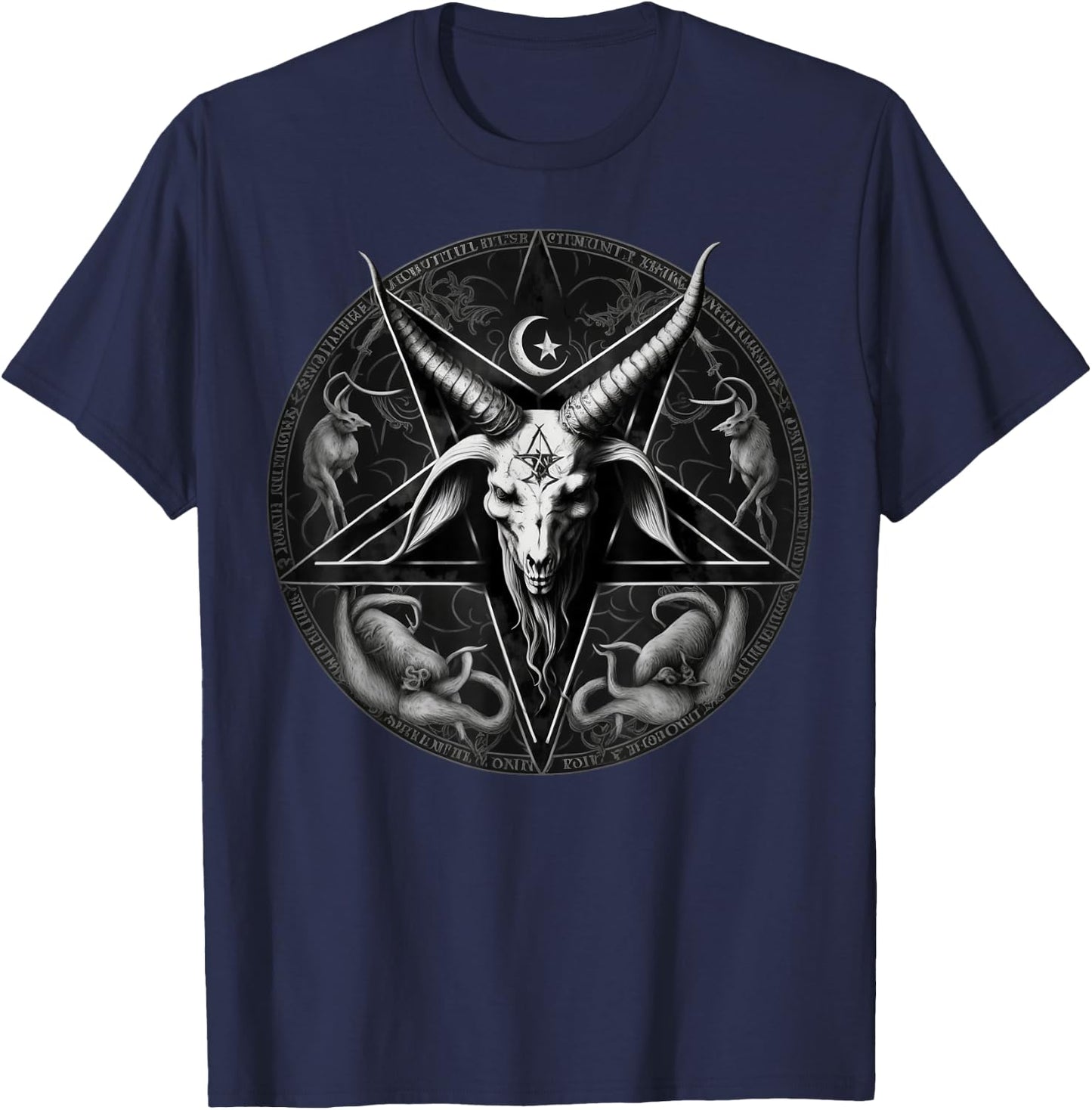 Satanic 666 Devil Occult on black and white Pentagram Goat T-Shirt - T-Shirt | Navy