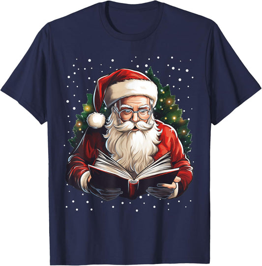 Santa Reading Book Bookworm Reader Bookish Christmas Tree T-Shirt - T-Shirt | Navy
