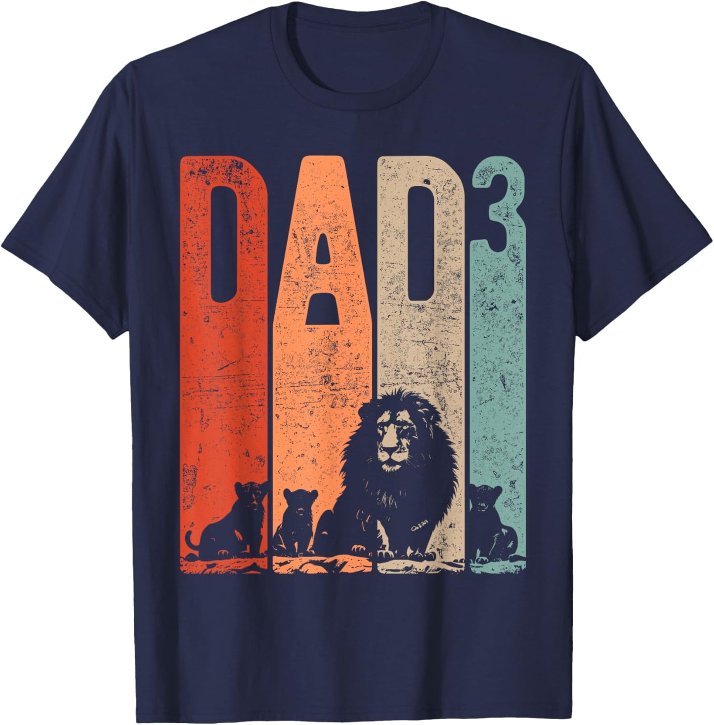 Papa Lion Cubs Father's Day Dad Squared Three Kids Retro T-Shirt - T-Shirt | Navy