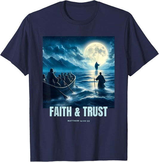Faith Inspired Image Of Jesus Walking On Water T-Shirt - T-Shirt | Navy